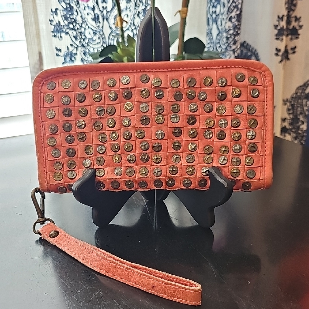 VIOLA CASTELLANI Studded Coral Leather Wristlet
